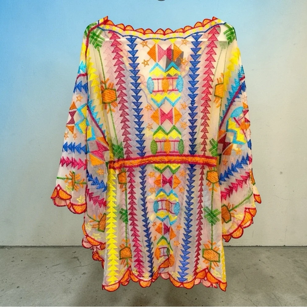 Rainbow Embroidered Cotton Mesh Short Kaftan, Tunic, With Cinch Tassel Tie NWT